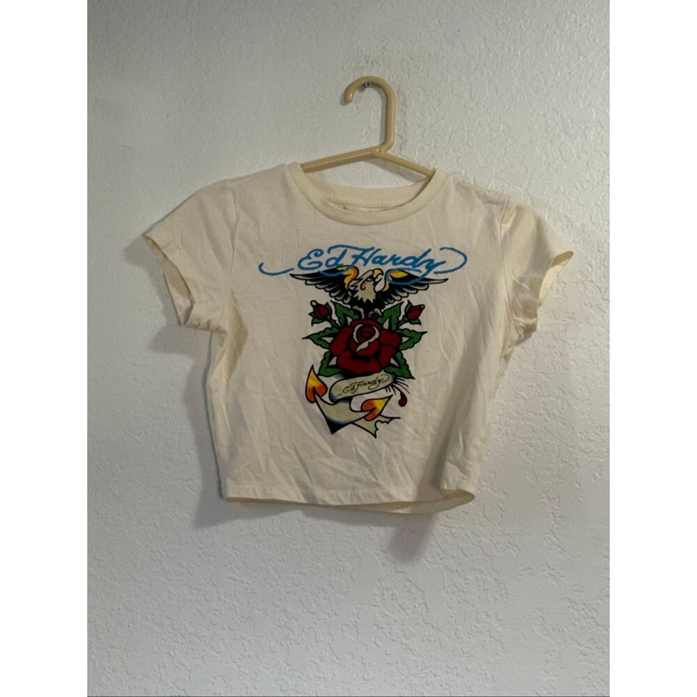 Ed Hardy Ladies Cropped Tee Size M Eagle Rose Anchor shirt top